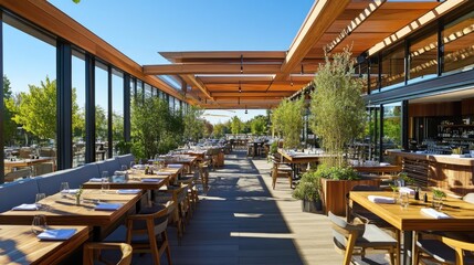 Fototapeta premium Elegant rooftop restaurant with panoramic views, wooden tables, and modern decor
