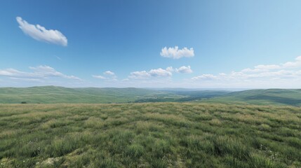 Hilltop summer grassland panorama; blue sky, distant hills, travel brochure