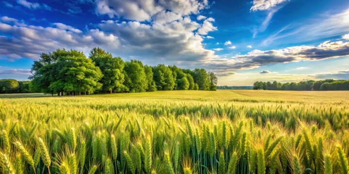 Field with wheat and tares growing together in a lush green environment surrounded by trees and a blue sky with white clouds, farm