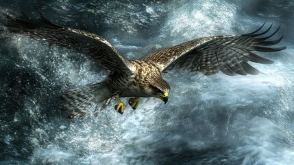 Hawk diving river rapids, splashing water, nature, power, wildlife photography, advertisement