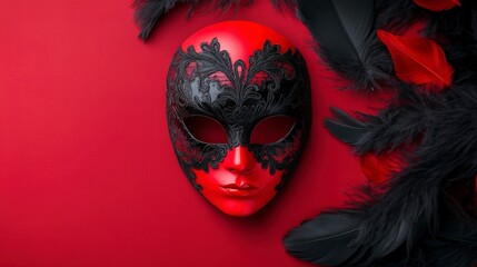 Elegant Black Lace Mask on a Vibrant Red Background with Feathers and Decoration
