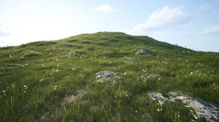 Grassy Hill Landscape Sunny Day, Wildflowers, Game Background