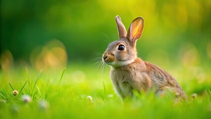 Fototapeta premium European Rabbit in Green Meadow, animal lover, meadow landscape, animal lover