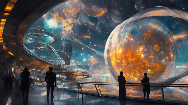 Chrono synclastic infundibulum visitors captivated by warping dimensions and otherworldly celestial structures in retrofuturistic observation deck. Warped Reality Paintings. Illustration