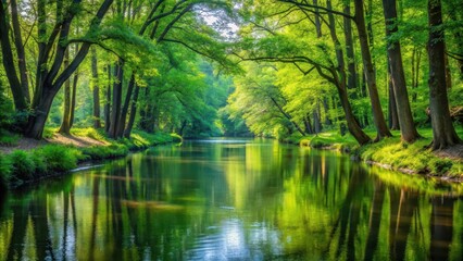 Fototapeta premium A serene waterway meandering through a lush forest surrounded by towering trees with their leaves rustling gently in the breeze, landscape, scenery