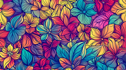 Vibrant floral pattern featuring a variety of colorful flowers and leaves on a dark background (1)