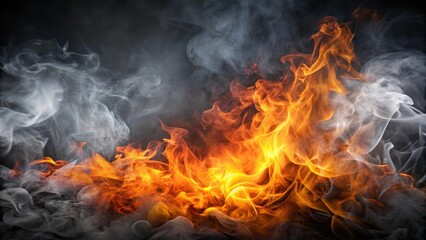 Fototapeta premium Burning flame on black smoke background , smoky atmosphere, intense heat, smoky atmosphere