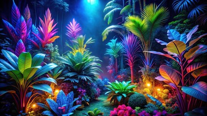 Colorful glowing plants in a neon jungle with bright green and blue foliage, surrounded by vibrant flowers that light up at night, tropical night scene, foliage lighting