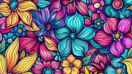 Fototapeta premium Vibrant floral pattern featuring a variety of colorful flowers in a seamless design, ideal for backgrounds (1)