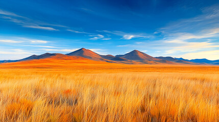 Obraz premium Golden autumn field, mountains at sunset, peaceful landscape, nature wallpaper