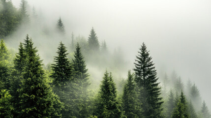 Fototapeta premium Misty fog blankets serene evergreen trees, creating a tranquil scene