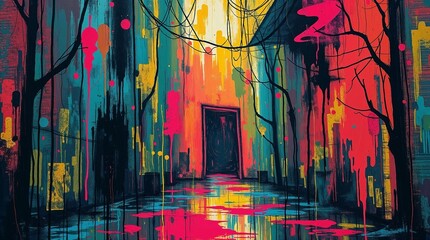 Obraz premium Vibrant abstract alleyway with colorful drips and reflections, contemporary urban art, dynamic composition