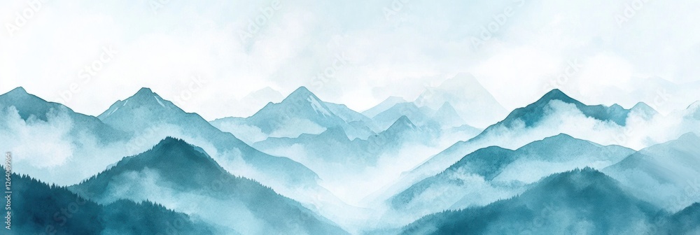 Poster mountains shrouded in mist create a serene atmosphere during an early morning in a tranquil landscap
