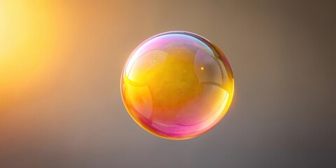 A pink soap bubble floats gently in mid-air, surrounded by a warm yellow light