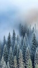 Evergreen trees rise majestically through the serene fog in a tranquil landscape