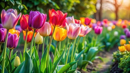 A row of vibrant spring tulips in a garden bed
