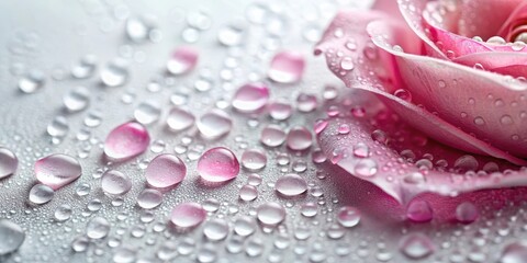 Droplets of rosewater on white, water spots,