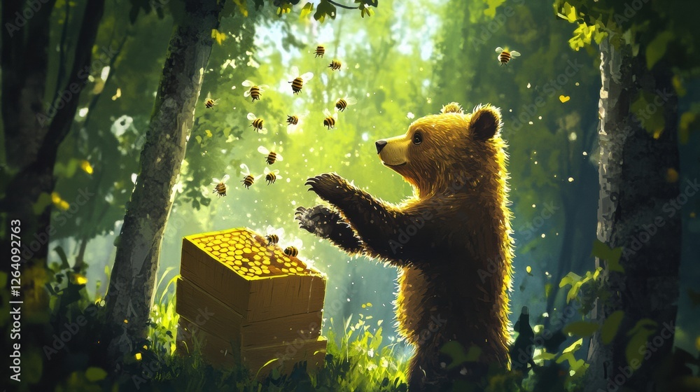 Poster Brown bear interacts with bees while exploring a vibrant forest in daylight near a beehive surrounded by lush foliage. Generative AI
