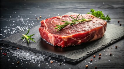 A juicy beef rump steak sits on a sleek black stone table, illuminated by soft natural light, showcasing its marbling and texture, dinner plate, meat photography
