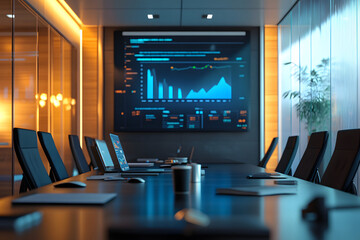 ビジネス会議室のデータ分析画面