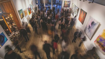 Large group of blurred art lovers, collectors and curators walking in an art gallery admiring paintings during a vernissage or opening event reception