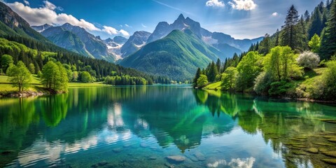 Fototapeta premium Serene lake surrounded by lush greenery and towering mountains in the Swiss Alps , alpine lake, mountain scenery