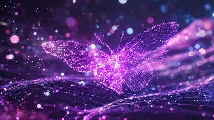 Purple digital butterfly flying over glowing network, bokeh background