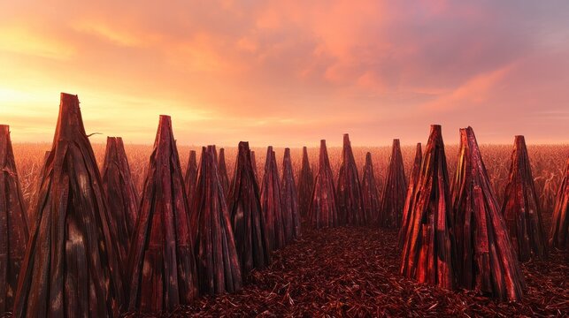 Red structures sunset field landscape, sunrise, design, futuristic, fantasy