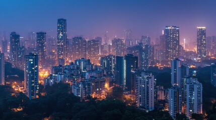 Fototapeta premium Night city skyline, aerial view, illuminated buildings, misty hills, urban development