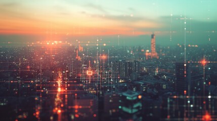 Fototapeta premium A breathtaking AI-generated depiction of a futuristic smart city illuminated with a digital grid, capturing the energy and innovation of urban technology at sunset. AI generated.