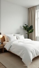 Minimalist Scandinavian bedroom with king size bed, white linens and pillows, scandinavian, bedroom, room
