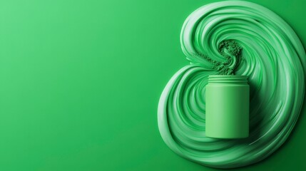 Obraz premium Vibrant Green Paint Swirl with Jar on a Bright Green Background for Creative Projects