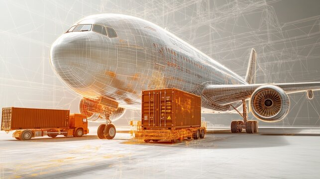 Airplane cargo loading, airport, global logistics, wireframe background, shipping