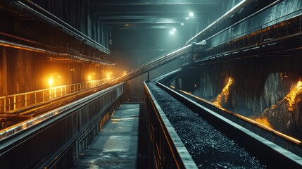 Obraz premium Industrial Coal Conveyor System Interior, Transportation, Night, Processing Plant