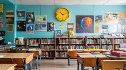 Obraz premium Classroom Library Students learning space, bookshelves, astronomy posters