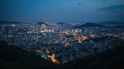 Fototapeta premium Night city panorama, hilltop view, urban sprawl, twilight, travel