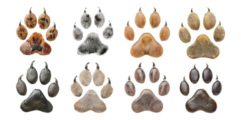 Fototapeta premium Collection of Unique Animal Paw Prints on a Transparent Background, isolated on transparent background