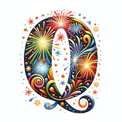 Fireworks Letter Q: A vibrant and festive letter Q design, shaped with colorful fireworks and swirling patterns, perfect for celebrations and festive designs. 