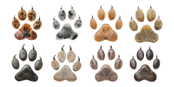 Collection of Unique Animal Paw Prints on a Transparent Background, isolated on transparent background