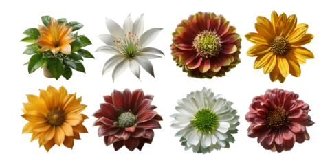Colorful Collection of Eight Typic Floral Blooms on White Background, isolated on transparent background