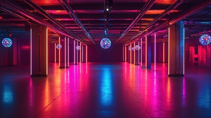 Neon-lit industrial space, disco balls, event venue
