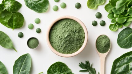 Obraz premium Green Superfood Ingredients with Spinach, Spirulina, and Chlorella on White Background