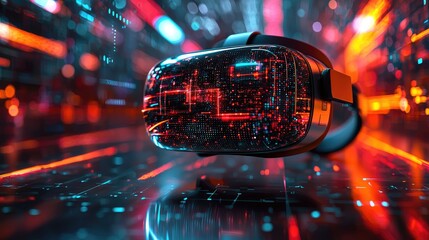 Futuristic virtual reality headset on a digital background with vibrant lights and data streams