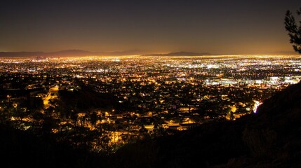 Fototapeta premium Night cityscape panorama from hilltop, distant mountains, city lights, travel brochure