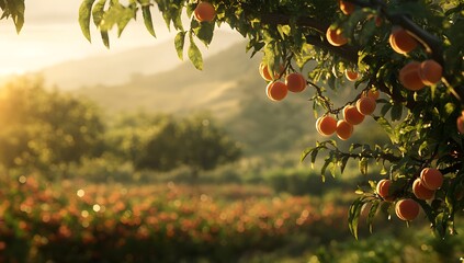 Peach orchard sunrise, ripe fruit, golden light, tranquil landscape