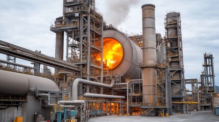 Industrial kiln glowing hot, factory exterior, daytime, cement production
