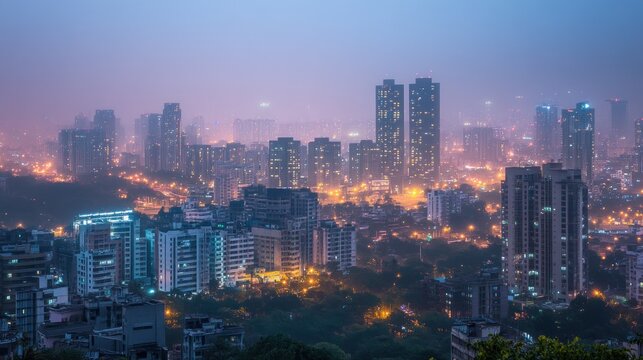 Cityscape twilight aerial view, hazy skyline, urban development, night lights, promotional use