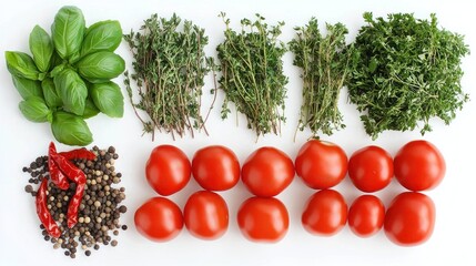 Fresh herbs, tomatoes, peppers, and spices arranged on white background for recipe illustration