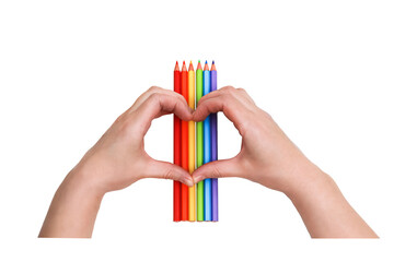 Hands creating heart shape around colorful vertical pencils isolated on transparent background