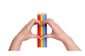 Hands creating heart shape around colorful vertical pencils isolated on transparent background